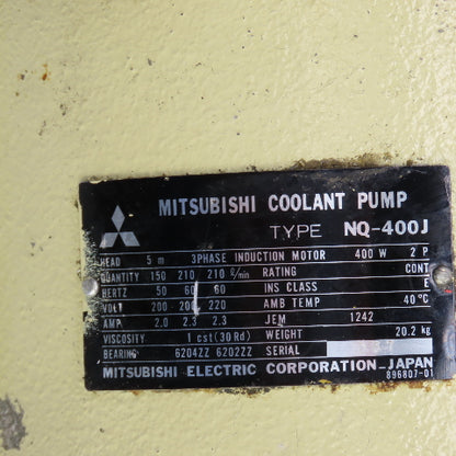 Mitsubishi NQ-400J Coolant Pump 200-220V 3PH 2.3A 150-210L/min 5m Head 11" Depth