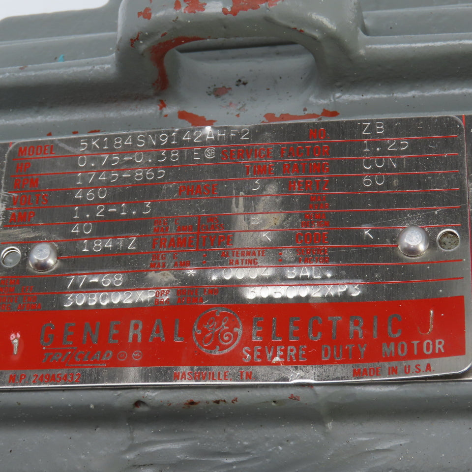 General Electric 5K184 0.75/0.38HP 2 Speed AC Motor 1745/865RPM 460V 184TZ Frame