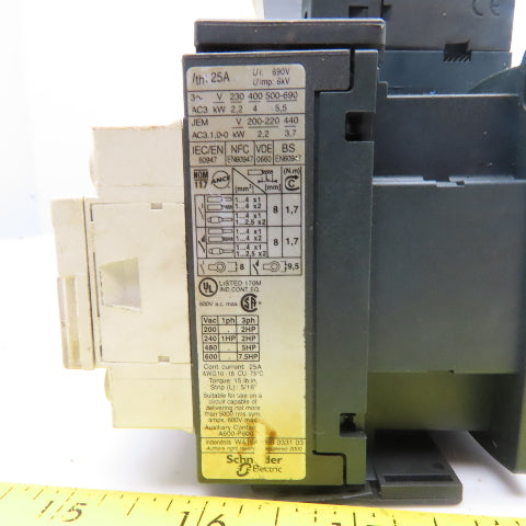 Telemecanique GV2ME06 LC1S096 600V 1Hp 3Ph Reversing Contactor 1-1.6A Trip