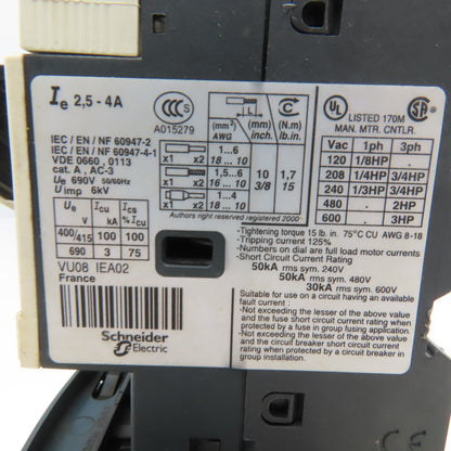Telemecanique GV2ME08 LC1S096 600V 3Hp 3Ph Reversing Contactor 2.5-4A Trip