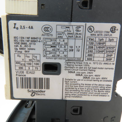Telemecanique GV2ME08 LC1S096 600V 3Hp 3Ph Reversing Contactor 2.5-4A Trip