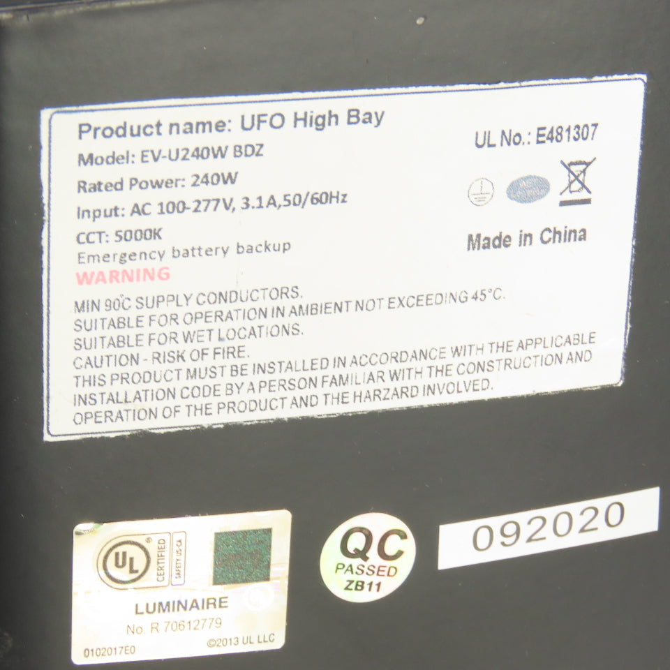 Green Lighting EV-U240W UFO High Bay Light 240W 100-277V W/Emergency Driver