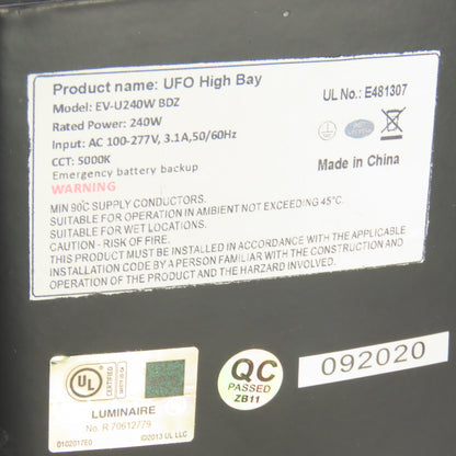 Green Lighting EV-U240W UFO High Bay Light 240W 100-277V W/Emergency Driver