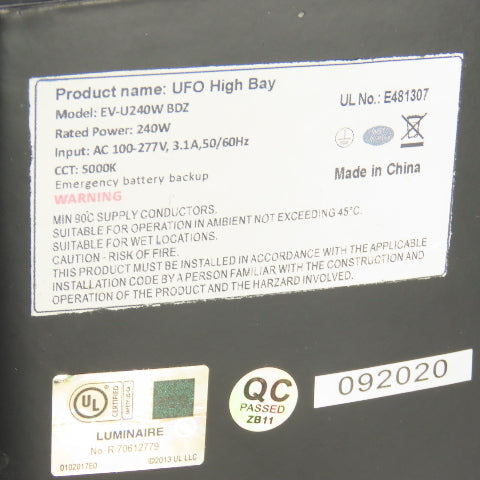 Green Lighting EV-U240W UFO High Bay Light 240W 100-277V W/Emergency Driver