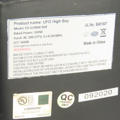 Green Lighting EV-U240W UFO High Bay Light 240W 100-277V W/Emergency Driver