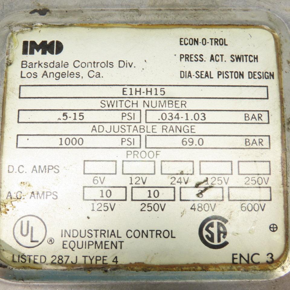 Barksdale E1H-H15 Adjustable Range Pressure Switch 5-15PSI 125-600VAC 6-250VDC