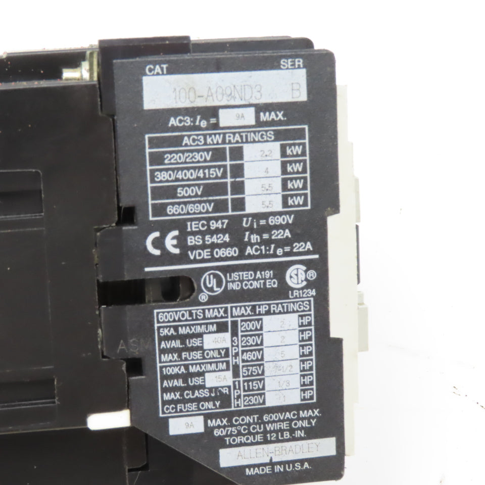 Allen Bradley 100-A09ND3 600VAC Contactor 9A Contactor 120V 50/60Hz Coil