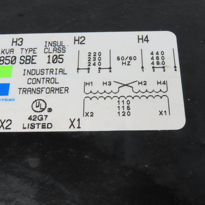 Hevi Duty E850 220-480V Pri 50/60Hz .850kVa 110-120V Sec Type SBE Transformer