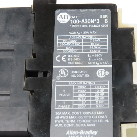 Allen Bradley 100-A30ND3 30A 600V 25Hp MAX Contactor Relay 120V Coil