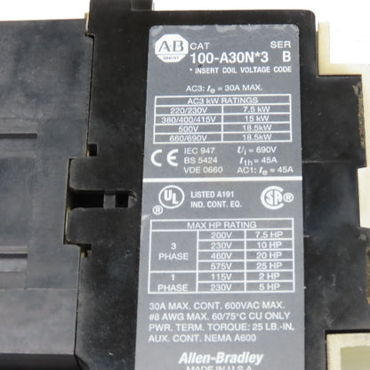 Allen Bradley 100-A30ND3 30A 600V 25Hp MAX Contactor Relay 120V Coil