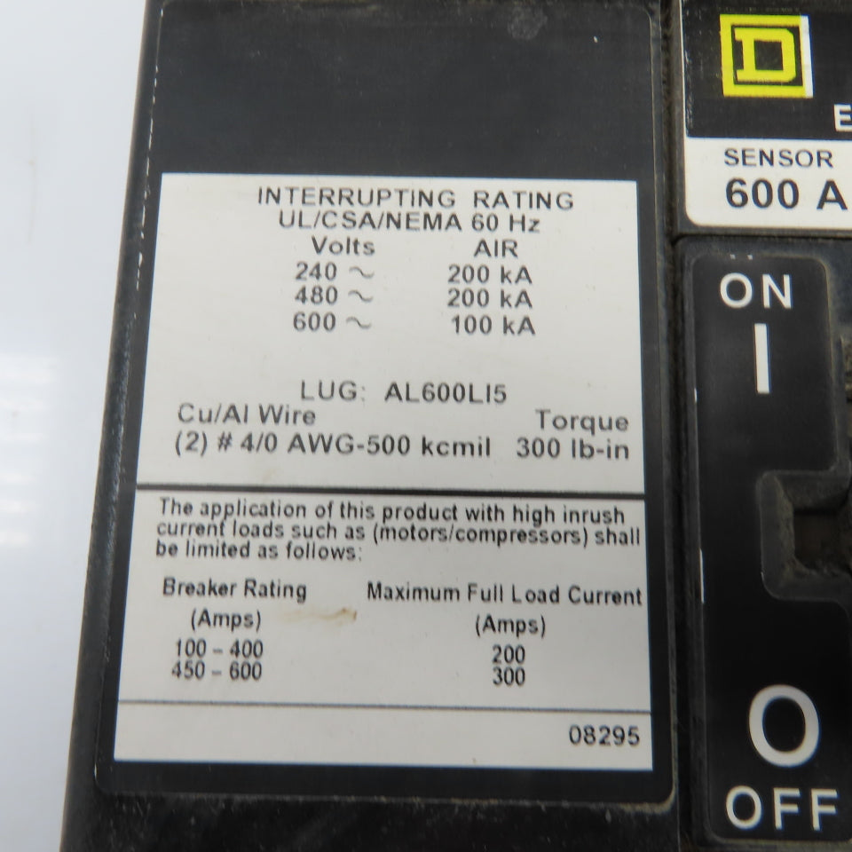 Square D LXIL36600 600A 600V Current Limiting Circuit Breaker W/MicroLogic Trip