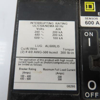 Square D LXIL36600 600A 600V Current Limiting Circuit Breaker W/MicroLogic Trip