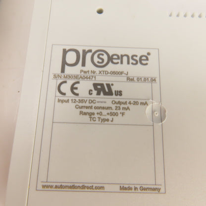 Automation Direct XTD-0500F-J Prosense Temperature Transmitter TC Type J 0-500°