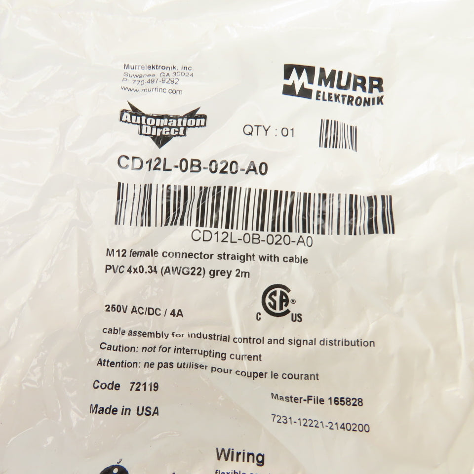 Automation Direct CD12L-0B-020-A0 Cable M12 Straight Female Connector Lot Of 4