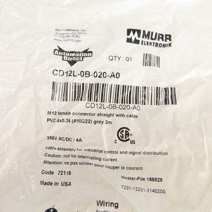 Automation Direct CD12L-0B-020-A0 Cable M12 Straight Female Connector Lot Of 4