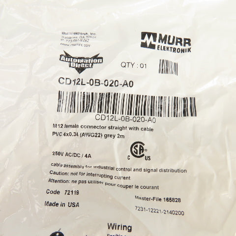 Automation Direct CD12L-0B-020-A0 Cable M12 Straight Female Connector Lot Of 4