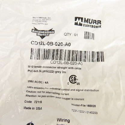 Automation Direct CD12L-0B-020-A0 Cable M12 Straight Female Connector Lot Of 4