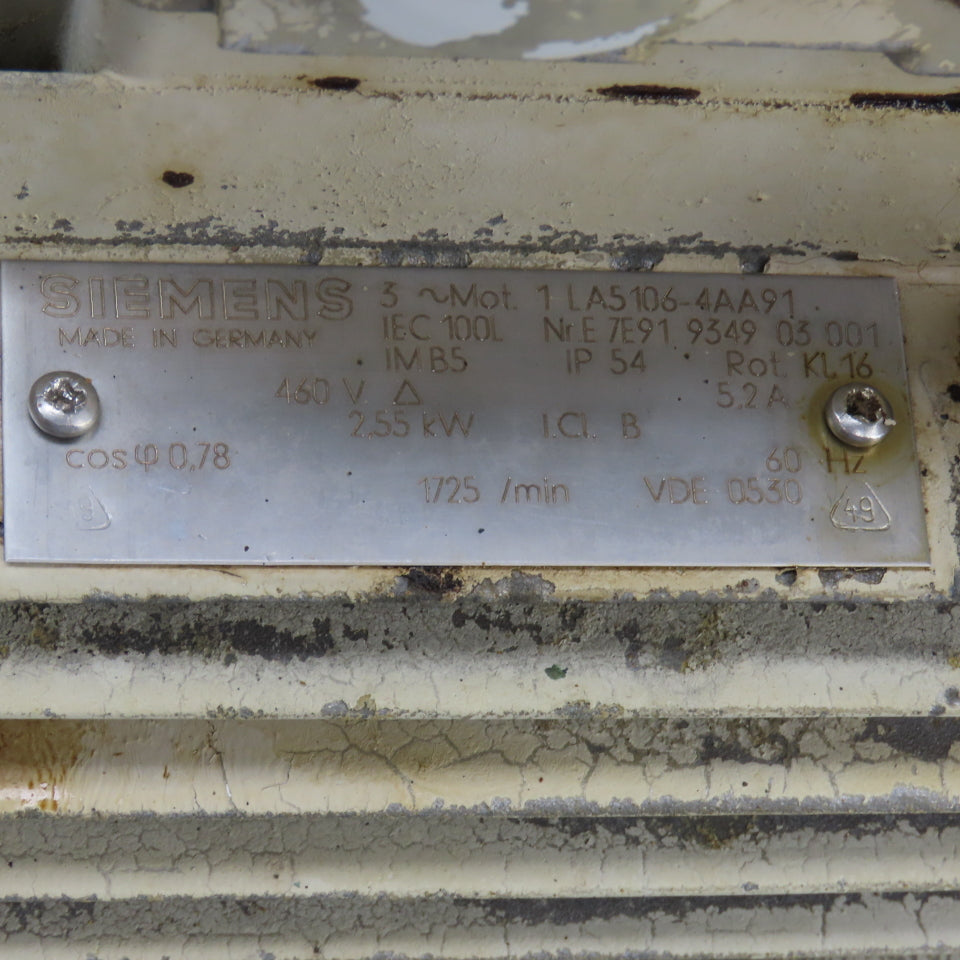 Siemens 1LA5106-4AA91 2.55kW AC Electric Motor 1725RPM 460V W/Shaft Cooler
