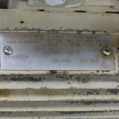 Siemens 1LA5106-4AA91 2.55kW AC Electric Motor 1725RPM 460V W/Shaft Cooler