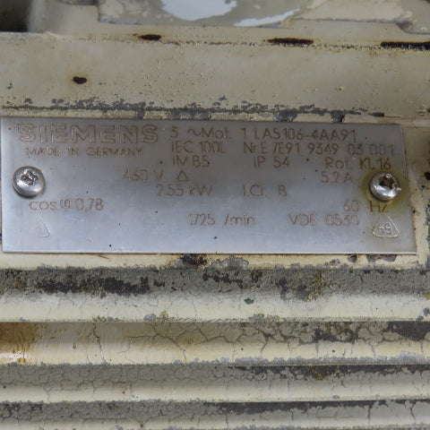 Siemens 1LA5106-4AA91 2.55kW AC Electric Motor 1725RPM 460V W/Shaft Cooler