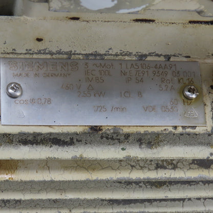 Siemens 1LA5106-4AA91 2.55kW AC Electric Motor 1725RPM 460V W/Shaft Cooler