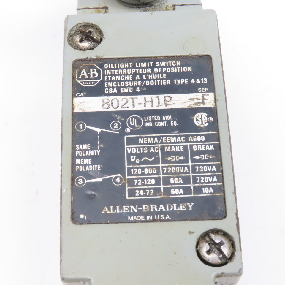 Allen Bradley 802T-H1P Oil Tight Limit Switch 600V Roller Rocker Cam