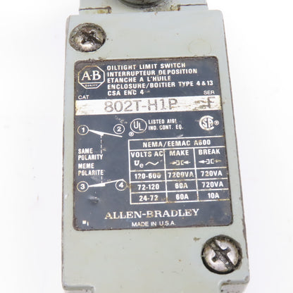 Allen Bradley 802T-H1P Oil Tight Limit Switch 600V Roller Rocker Cam