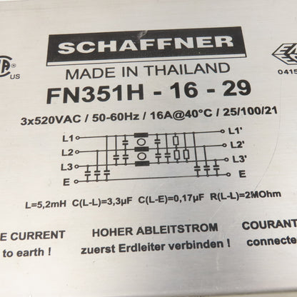 Schaffner FN351H-16-29 Power Line Filter 3x520VAC 50/60Hz