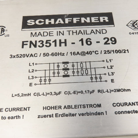 Schaffner FN351H-16-29 Power Line Filter 3x520VAC 50/60Hz