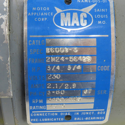 Motor Appliance 2 Speed 3/4HP AC Motor 3450/1725RPM 230V 2M24-56428 Frame