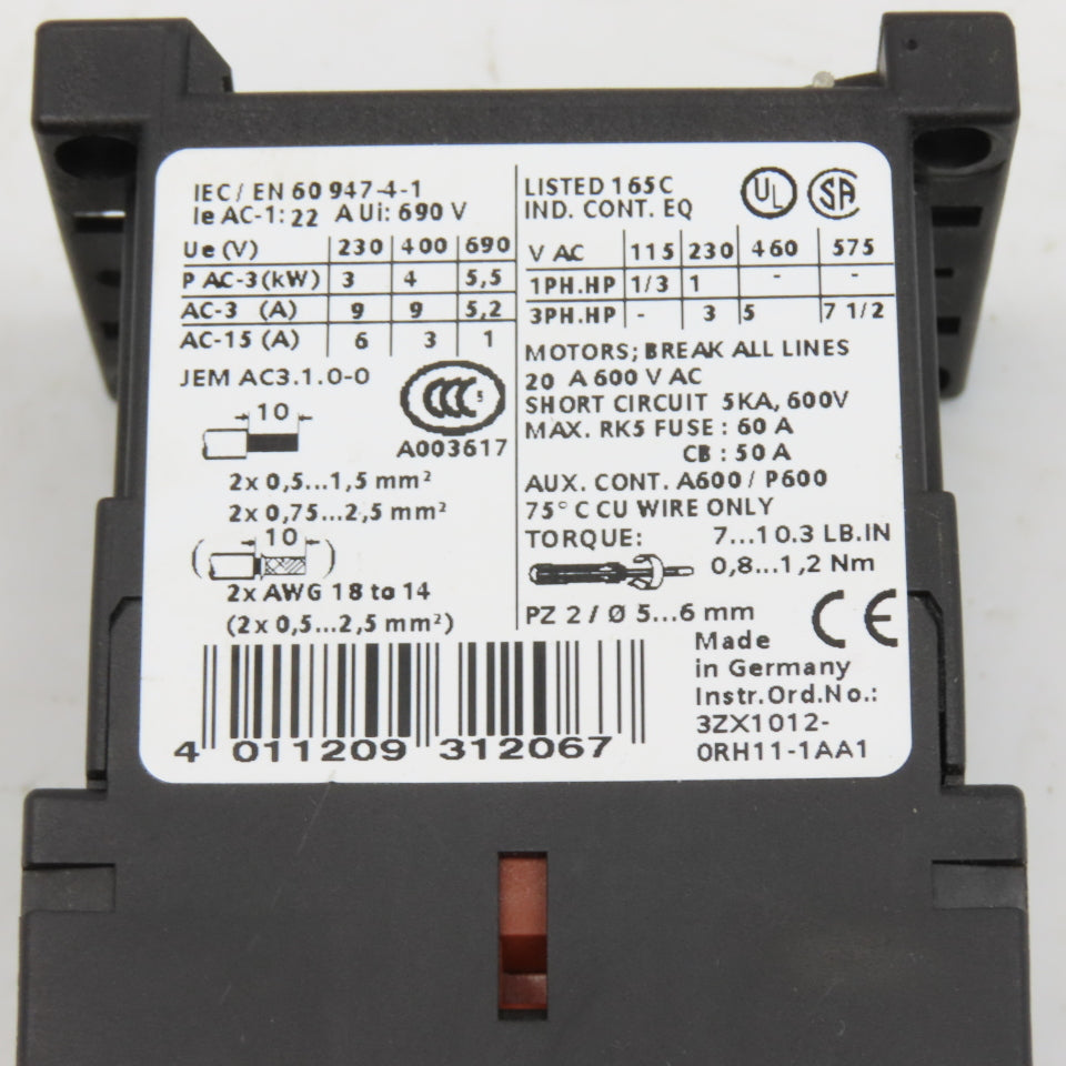 Siemens 3RT1316-1BB40 3RH1911-1FA31 Contactor 600V 3Ph 7.5Hp Max W/ Aux Contact