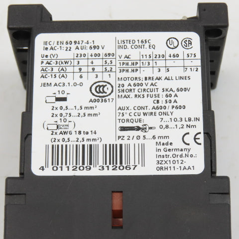 Siemens 3RT1316-1BB40 3RH1911-1FA31 Contactor 600V 3Ph 7.5Hp Max W/ Aux Contact