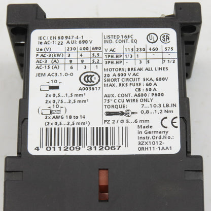 Siemens 3RT1316-1BB40 3RH1911-1FA31 Contactor 600V 3Ph 7.5Hp Max W/ Aux Contact