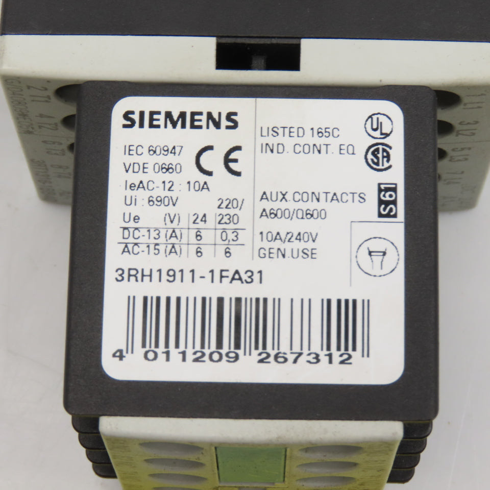 Siemens 3RT1316-1BB40 3RH1911-1FA31 Contactor 600V 3Ph 7.5Hp Max W/ Aux Contact