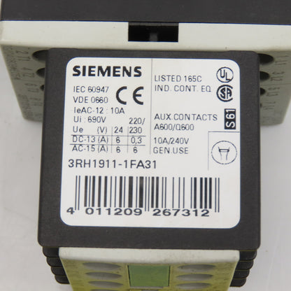 Siemens 3RT1316-1BB40 3RH1911-1FA31 Contactor 600V 3Ph 7.5Hp Max W/ Aux Contact