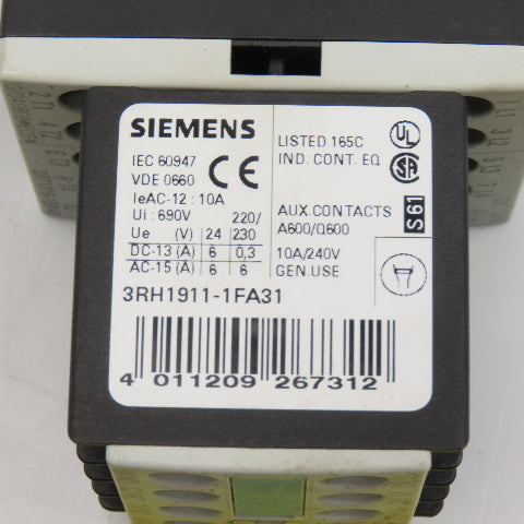 Siemens 3RT1316-1BB40 3RH1911-1FA31 Contactor 600V 3Ph 7.5Hp Max W/ Aux Contact
