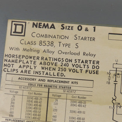Square D Size 1 Combination Motor Starter 7-1/2-10HP 575V 120V Coil W/Disconnect