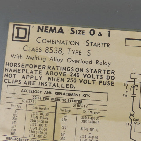 Square D Size 1 Combination Motor Starter 7-1/2-10HP 575V 120V Coil W/Disconnect