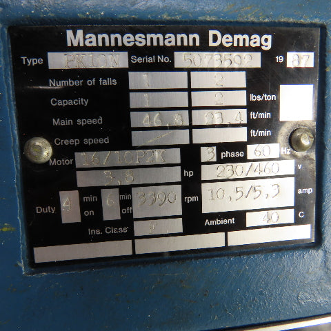Demag PK10N 2000LBS 1 Ton Electric Chain Hoist 15' Lift 12.5FPM 230/460V 3PH
