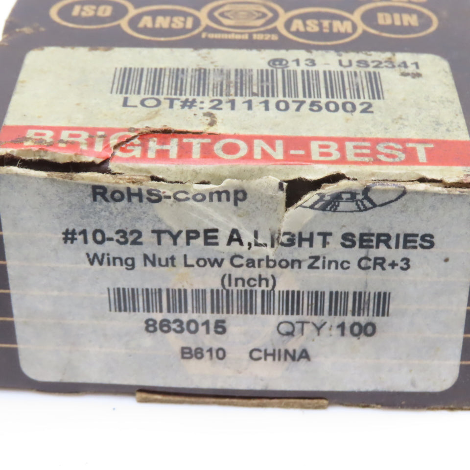 Brighton Best 863015 #10-32 Wing Nut Low Carbon Zinc Box Of 100