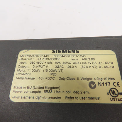 Siemens 6SE440-2UD31-1CA1 Micromaster 440 Inverter Drive 380-480V 11.0kW 47-63HZ