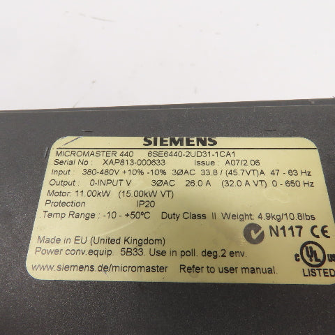 Siemens 6SE440-2UD31-1CA1 Micromaster 440 Inverter Drive 380-480V 11.0kW 47-63HZ