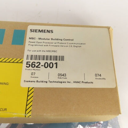 Siemens 562-001 MBC/RBC Modular Building Control Power Open Processor