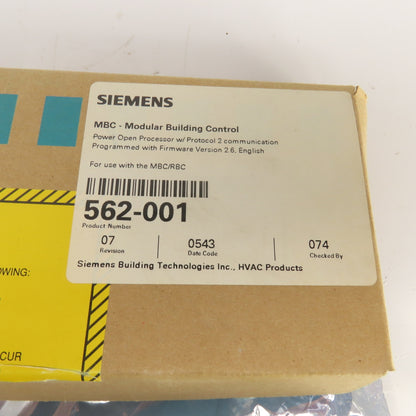 Siemens 562-001 MBC/RBC Modular Building Control Power Open Processor