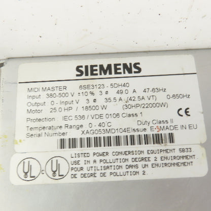 Siemens 6SE3123-5DH40 Midi-Master 25.0HP Frequency Inverter 380-500V 47-63HZ