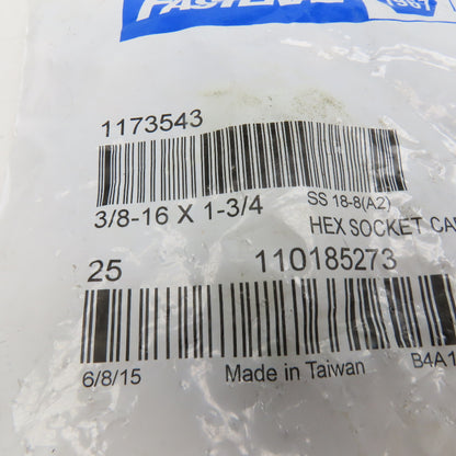 Holo-Krome 3/8"-16 x 1-3/4" Stainless Steel Socket Head Cap Screw SHCS Lot Of 25