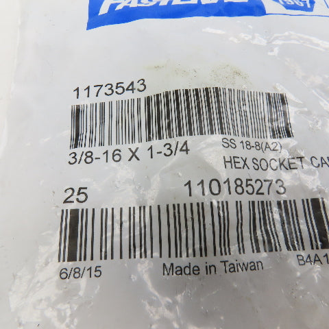 Holo-Krome 3/8"-16 x 1-3/4" Stainless Steel Socket Head Cap Screw SHCS Lot Of 25