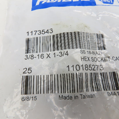 Holo-Krome 3/8"-16 x 1-3/4" Stainless Steel Socket Head Cap Screw SHCS Lot Of 25