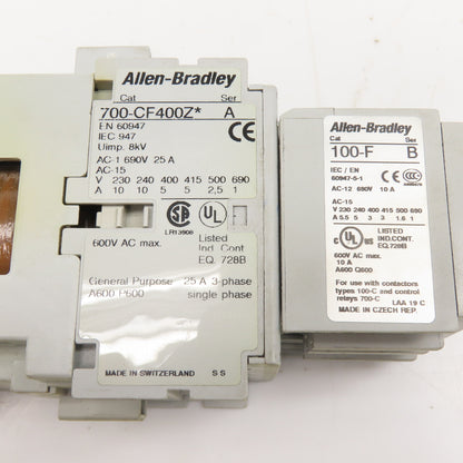 Allen Bradley 700-CF400Z 100-F N/O Contactor 600V 25A 3Ph W/ Aux. 100-F 24VDC