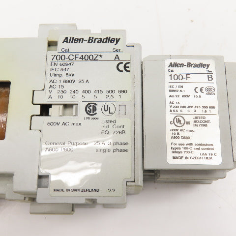Allen Bradley 700-CF400Z 100-F N/O Contactor 600V 25A 3Ph W/ Aux. 100-F 24VDC